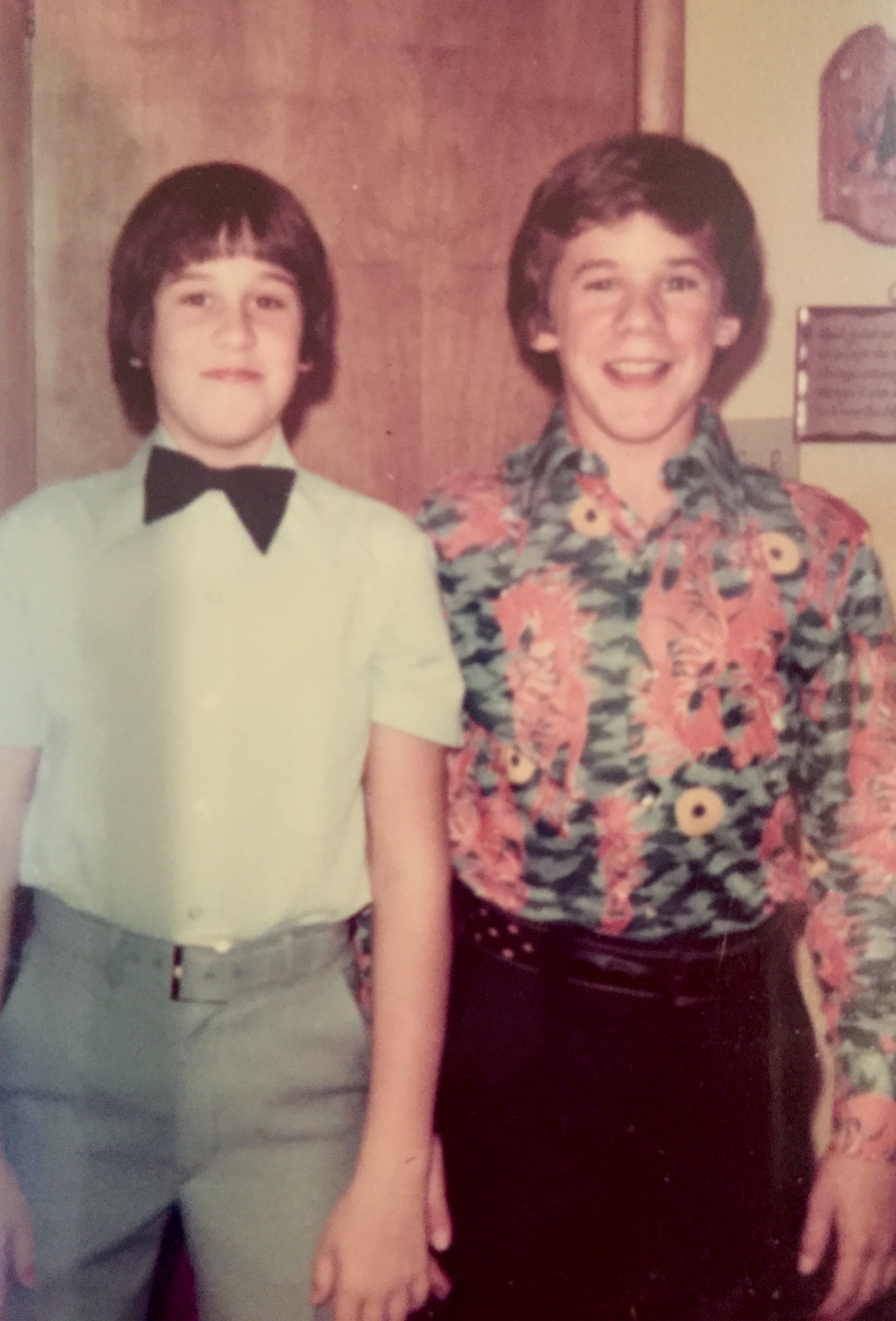 Preteen Sansabelt. With my much cooler, open-collared, neighborhood friend, Darren. I suppose that later, he danced with cute girls to a Carpenters song or two. Circa 1975.